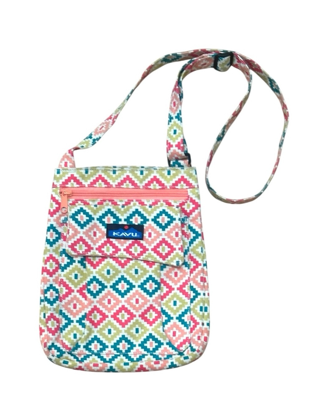 KAVU Keepalong Coral Teal Ikat Canvas Crossbody Bag